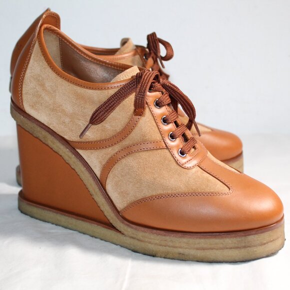 Celine Shoes - Celine Wedge Lace Up Pumps Loafers Manon Suede Leather 40